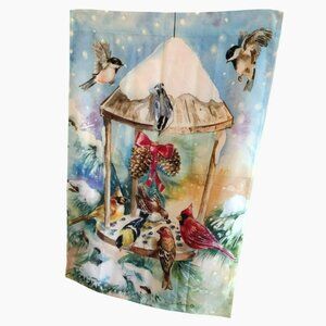 Garden Gathering Decorative House Flag, Colorful Bird Feeder Winter Scene